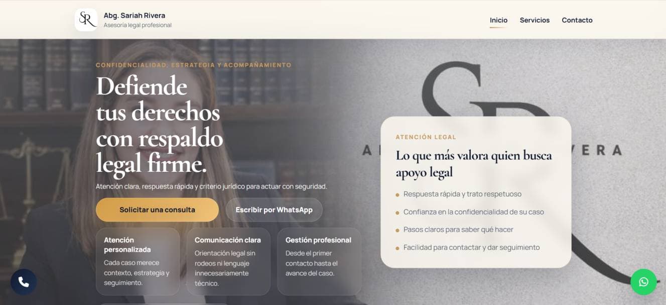 Sitio web para servicios legales Sariah Rivera creado por Ken Code